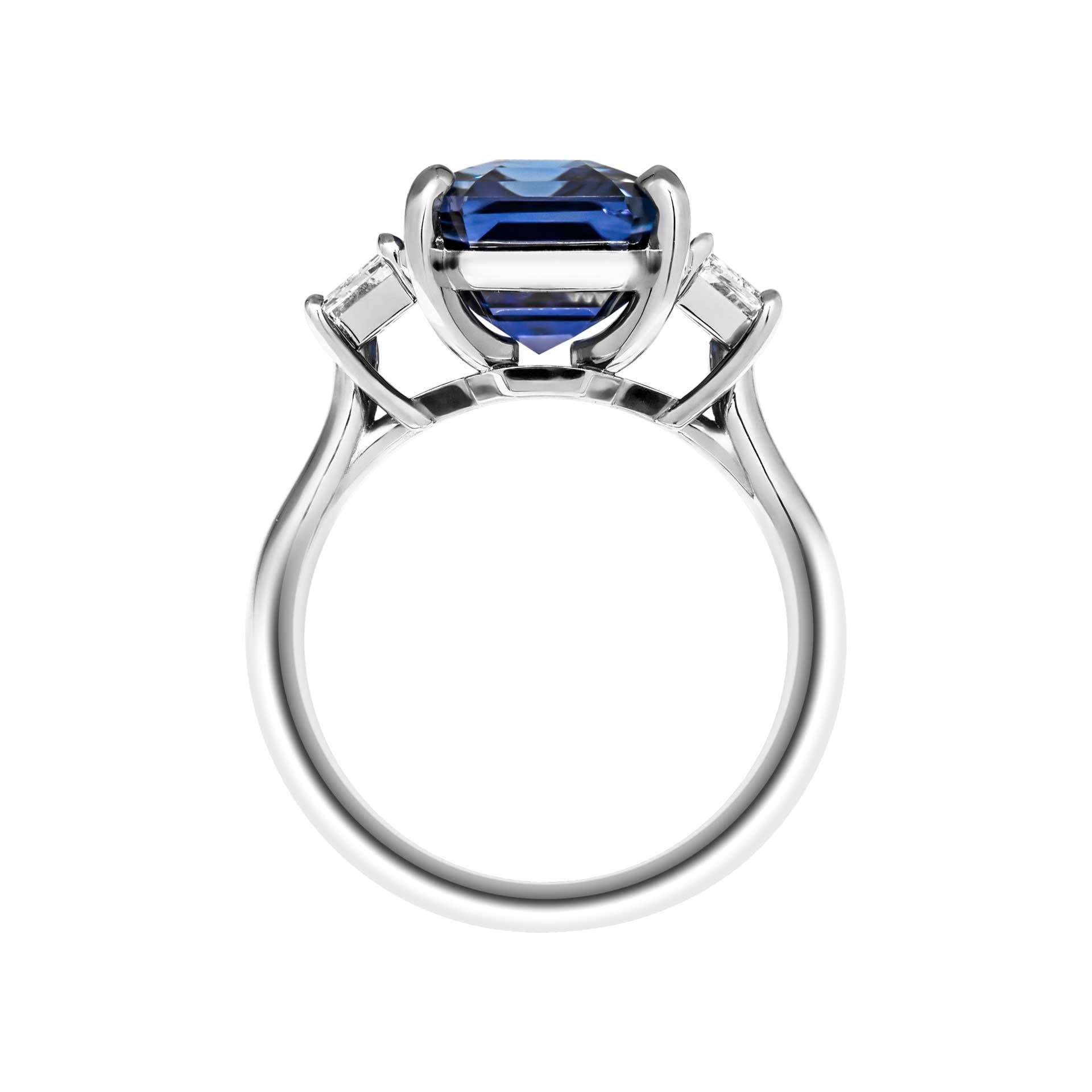 Emerald Cut GIA Certified 3 Stone Ring with Blue Sapphire