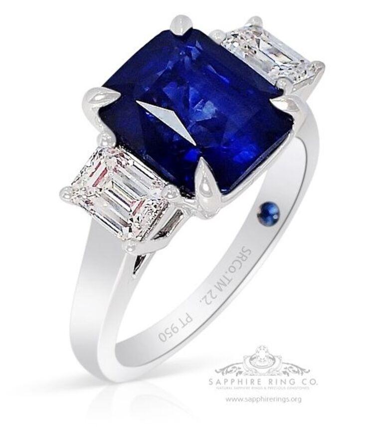 Octagon Cut GIA Certified 3 Stone Sapphire Ring, 4.22ct Platinum 950 GIA Certified X 3 For Sale