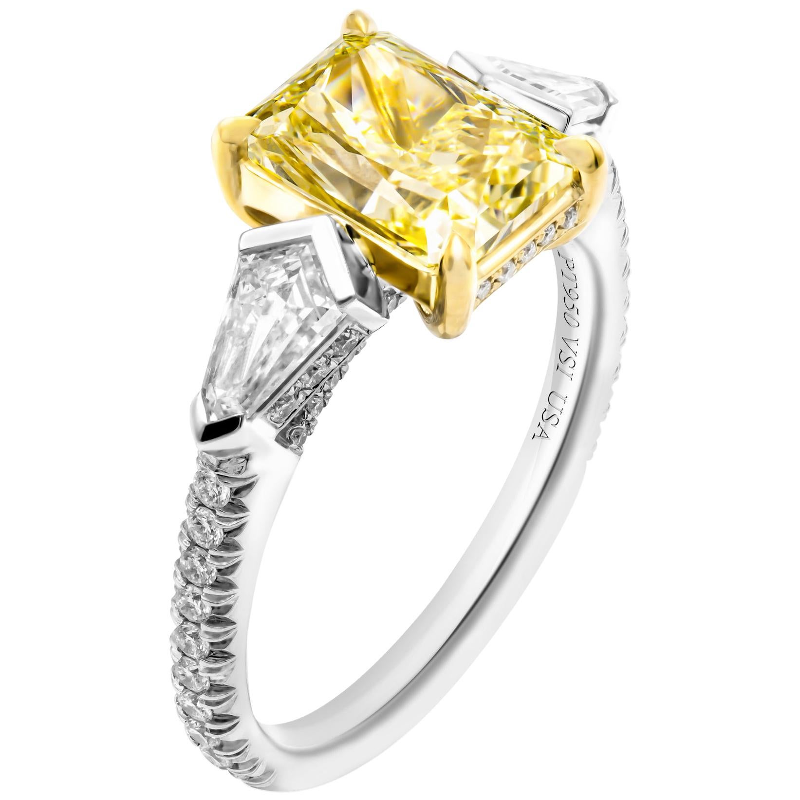 GIA Certified 3-Stone with 2.50 Carat Fancy Light Yellow VS1 Radiant Diamond
