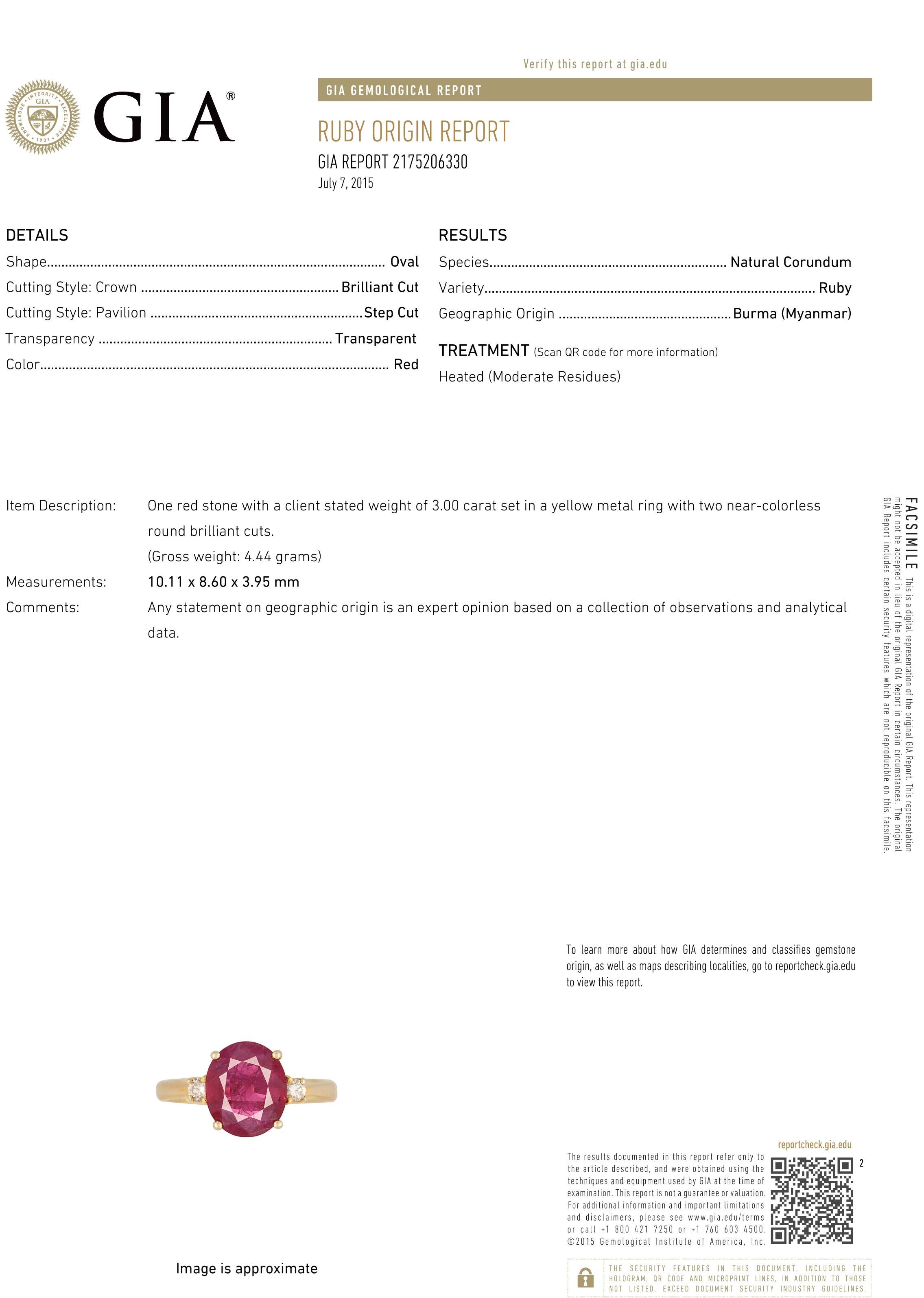GIA Certified 3.0 Carat Burma Ruby Ring 18 Karat Yellow Gold, Oval Shape Ruby For Sale 2