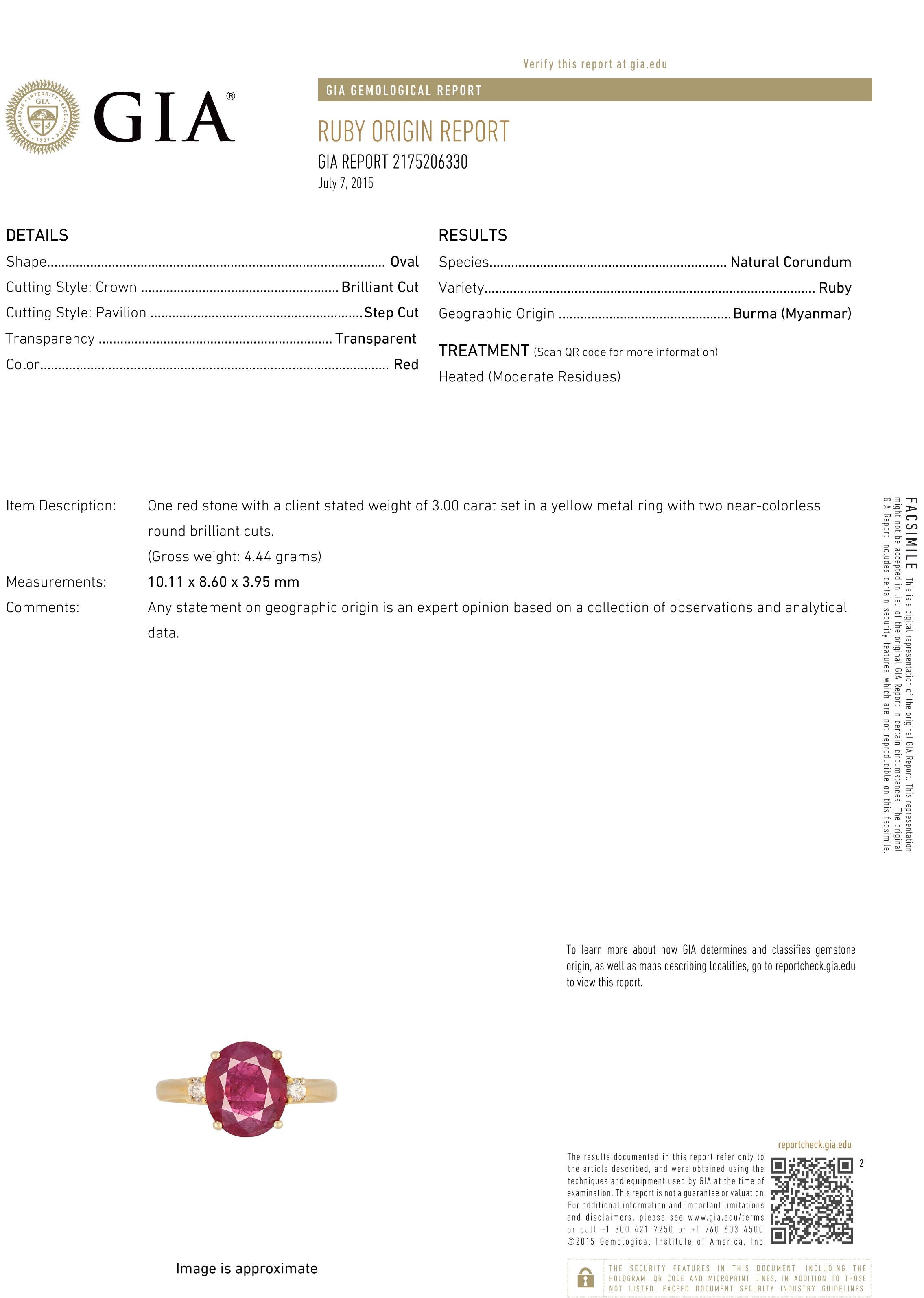 GIA Certified 3.0 Carat Burma Ruby Ring 18 Karat Yellow Gold, Oval Shape Ruby For Sale 5