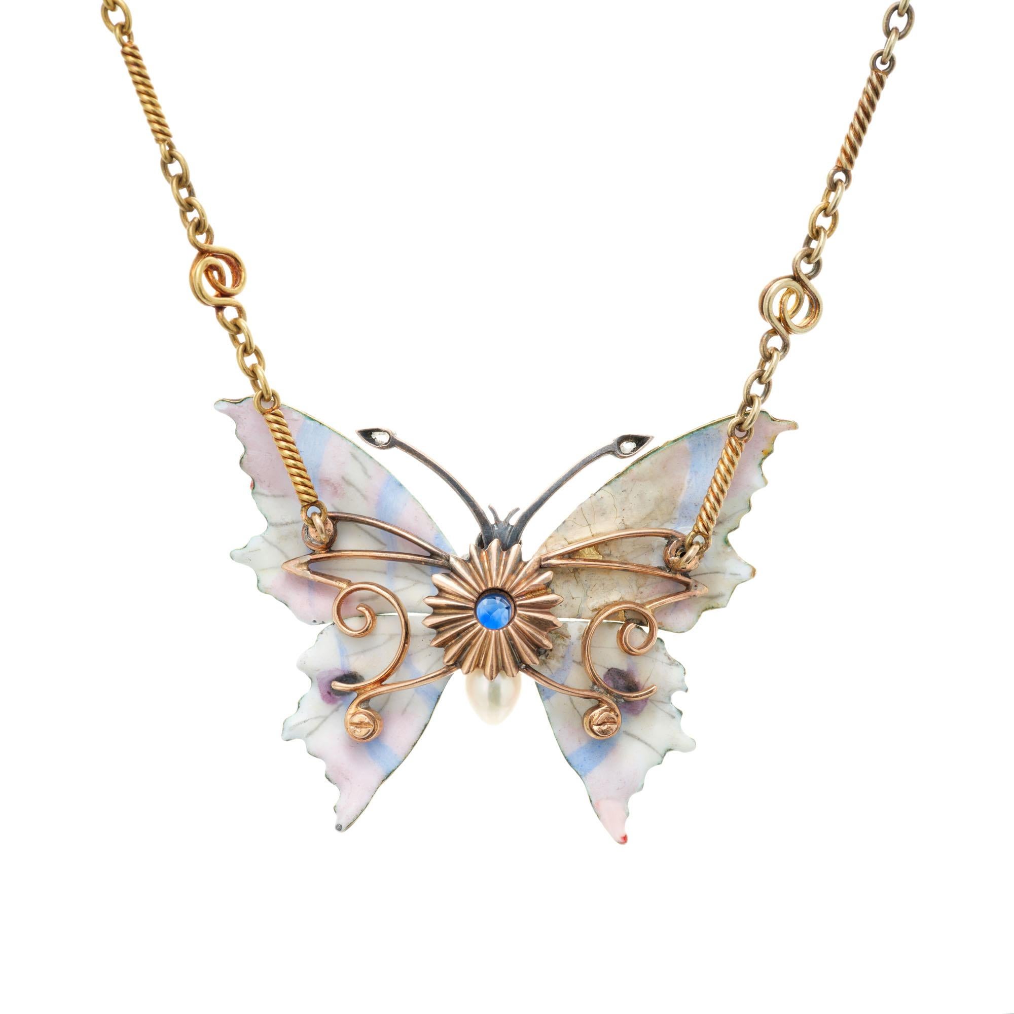 Cushion Cut GIA Certified .30 Carat Sapphire Diamond Pearl Butterfly Pendant Necklace For Sale