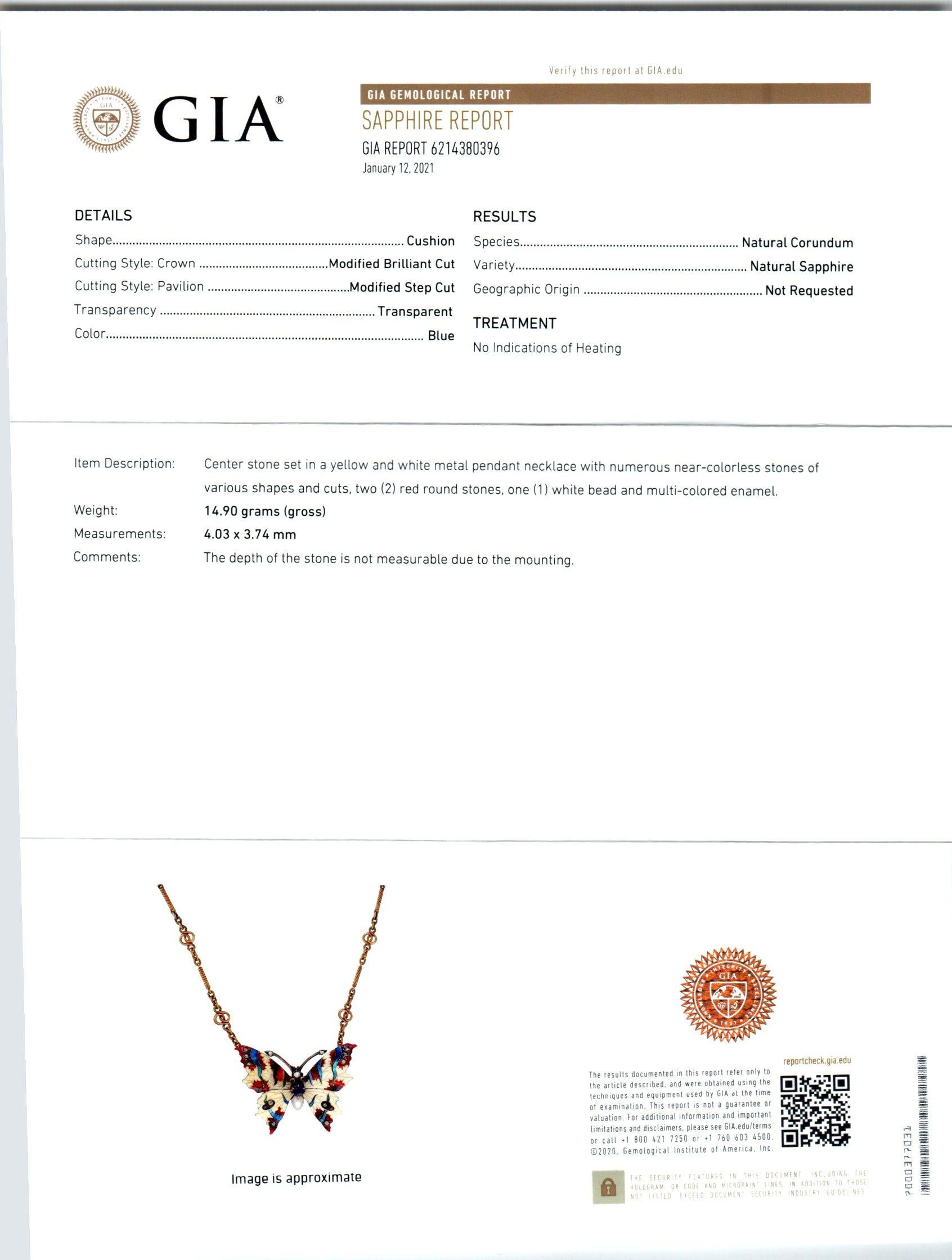 Collier pendentif papillon en saphir, diamant et perle de 0,30 carat, certifié GIA Pour femmes en vente