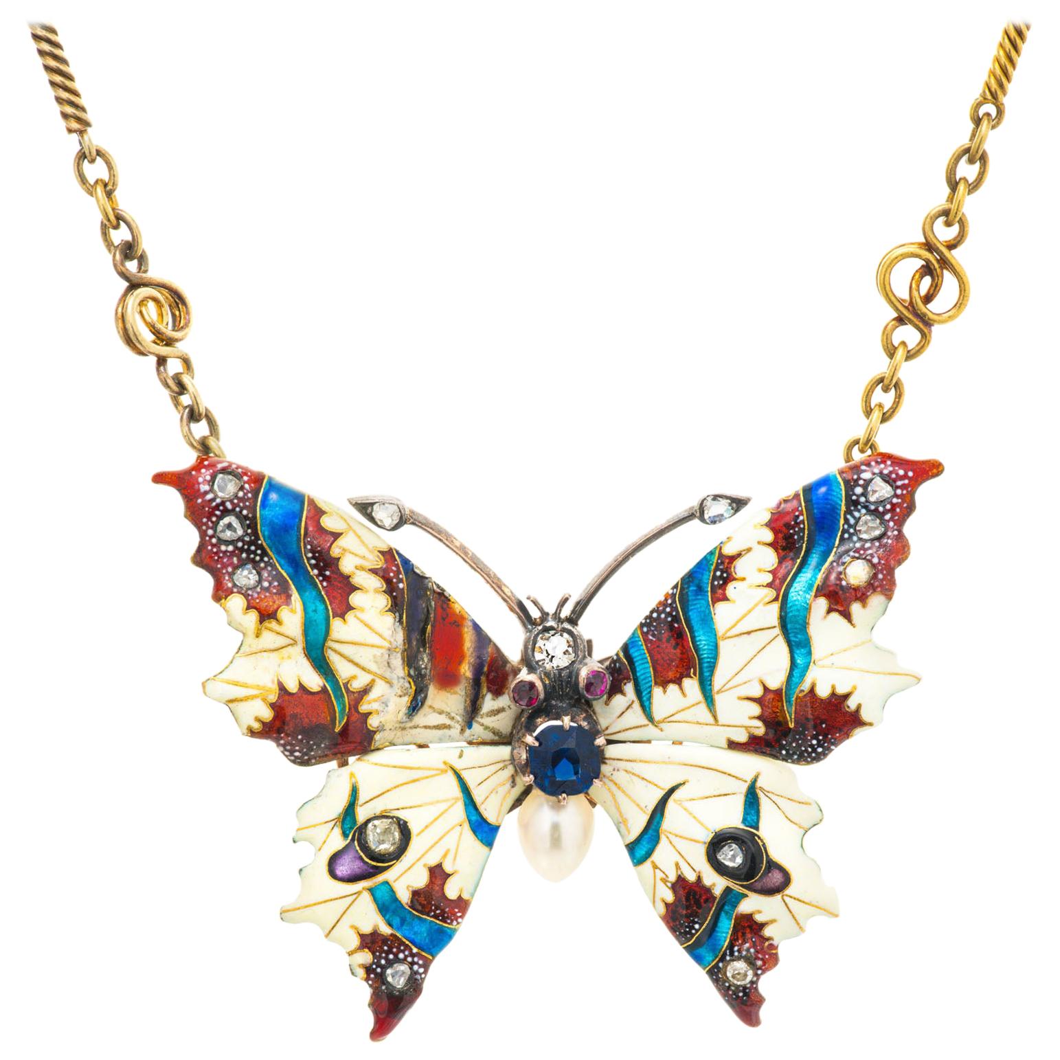 Collier pendentif papillon en saphir, diamant et perle de 0,30 carat, certifié GIA en vente