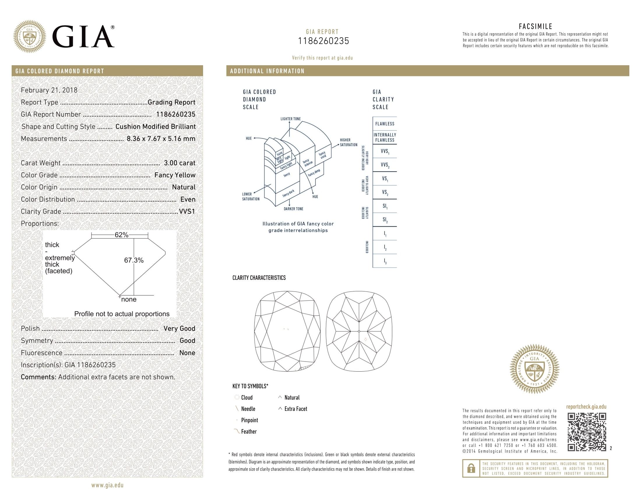 GIA Certified 3.00 Carat Cushion Cut Yellow Diamond Ring For Sale 1