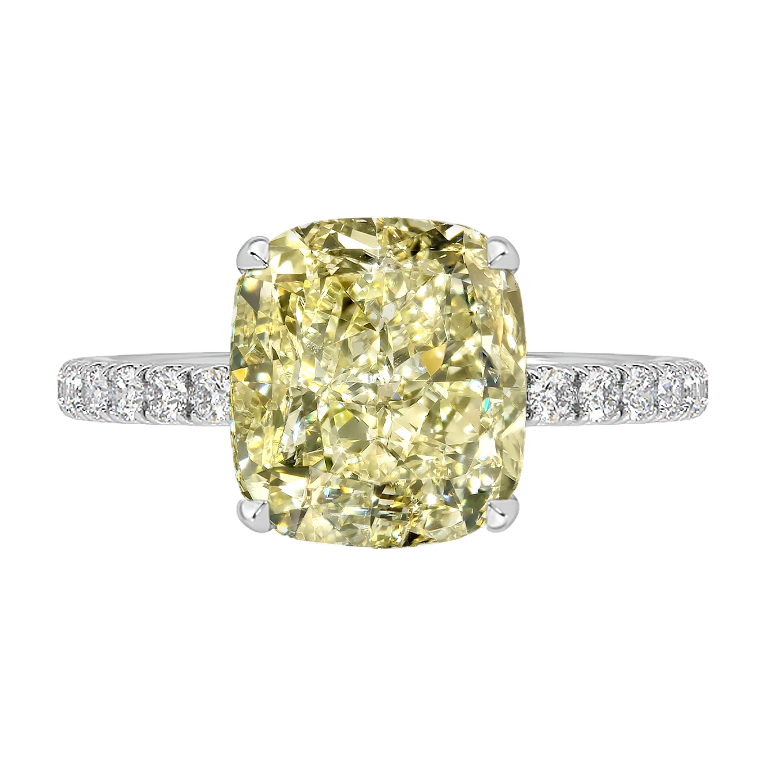 GIA Certified 3.00 Carat Cushion Cut Yellow Diamond Ring For Sale