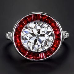 Anillo de oro blanco Art Decó con halo de rubíes y diamantes de 3,00 quilates certificado por GIA