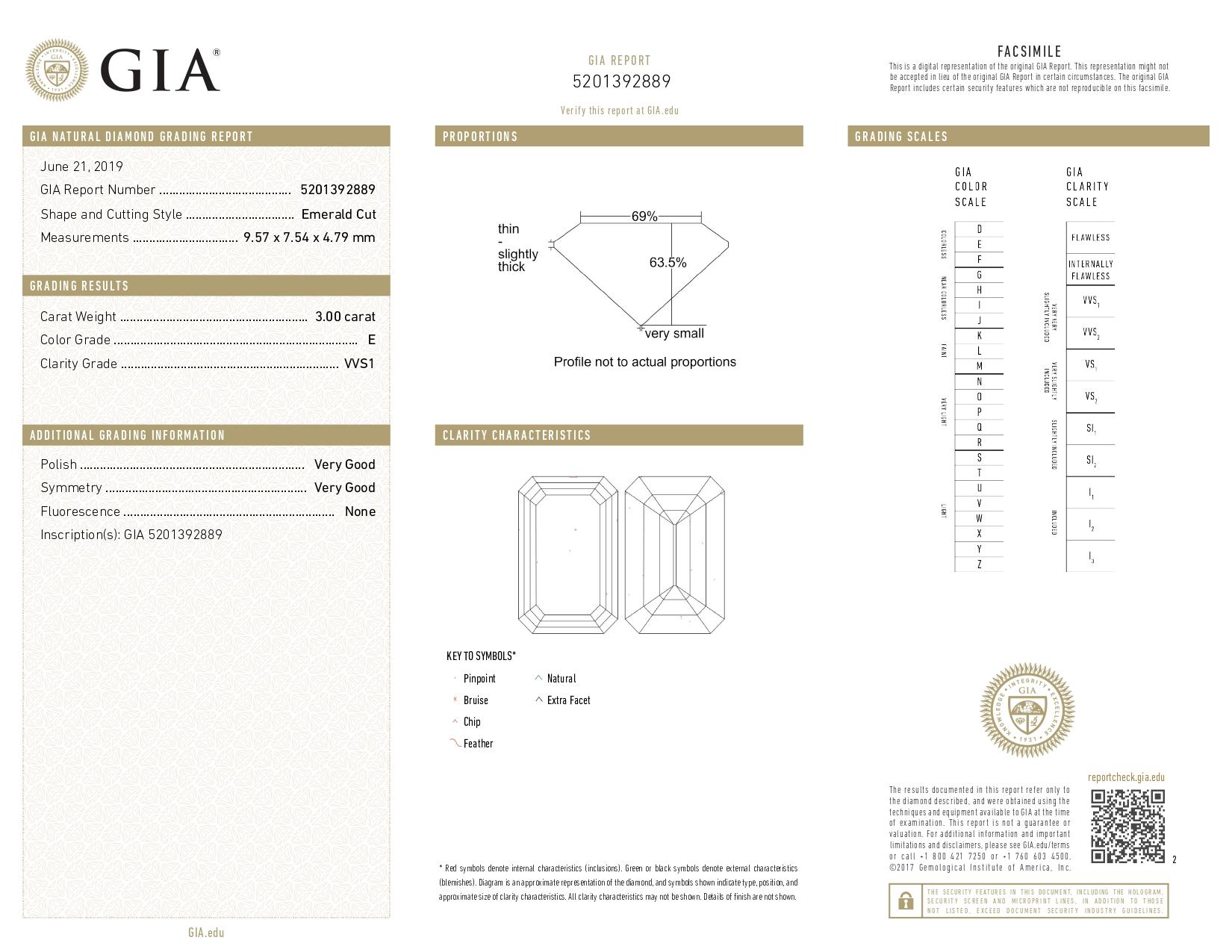 GIA Certified 3.00 Carat Emerald Cut Diamond E Color and VVS1 Clarity Ring In New Condition For Sale In Chicago, IL