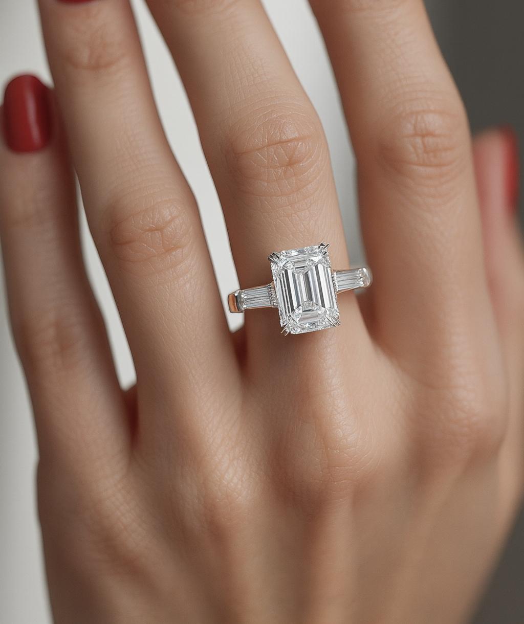 Cette exquise bague de fiançailles met en valeur un diamant taille émeraude de 3,01 carats comme pièce maîtresse, serti dans un élégant or blanc 18 carats. Le sertissage de trois pierres symbolise le passé, le présent et l'avenir, ce qui en fait un