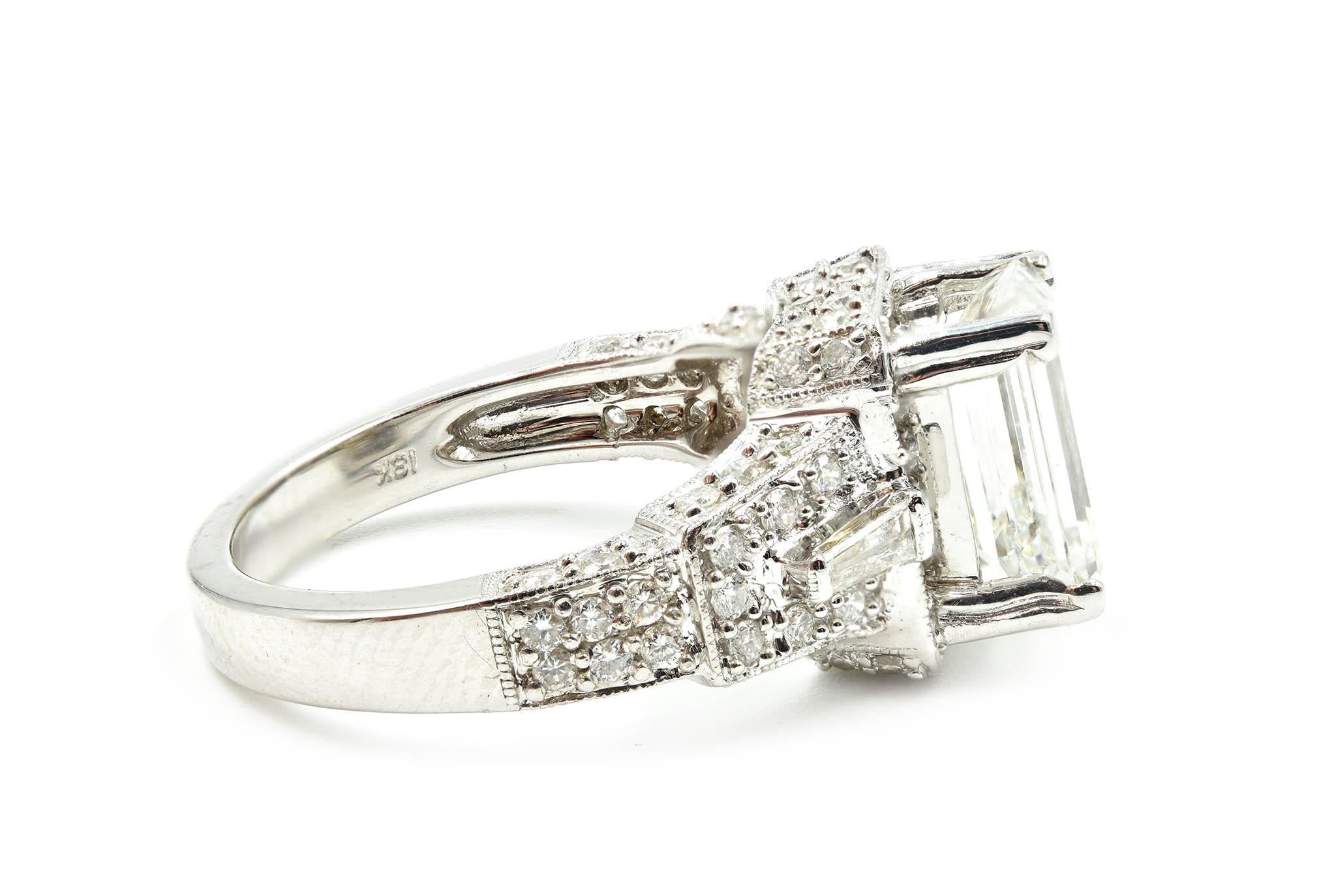 Women's GIA Certified 3.00 Carat Emerald Cut Diamond Engagement Ring 18 Karat White Gold