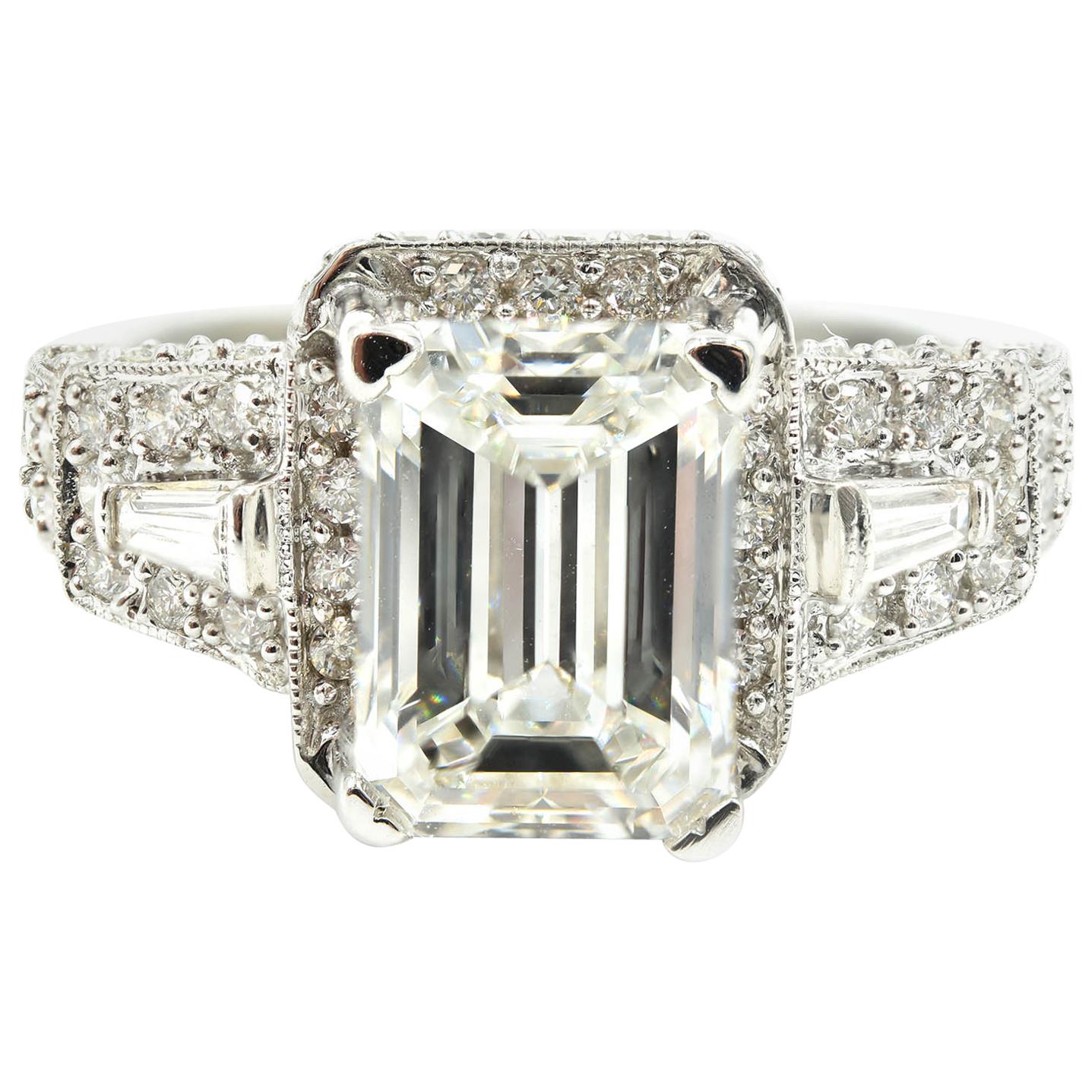 GIA Certified 3.00 Carat Emerald Cut Diamond Engagement Ring 18 Karat White Gold