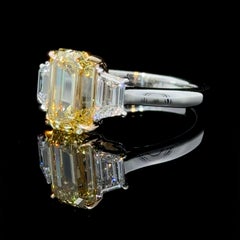 GIA Certified 3.00 Carat Emerald Cut Fancy Intense Yellow Diamond 3 Three Ring