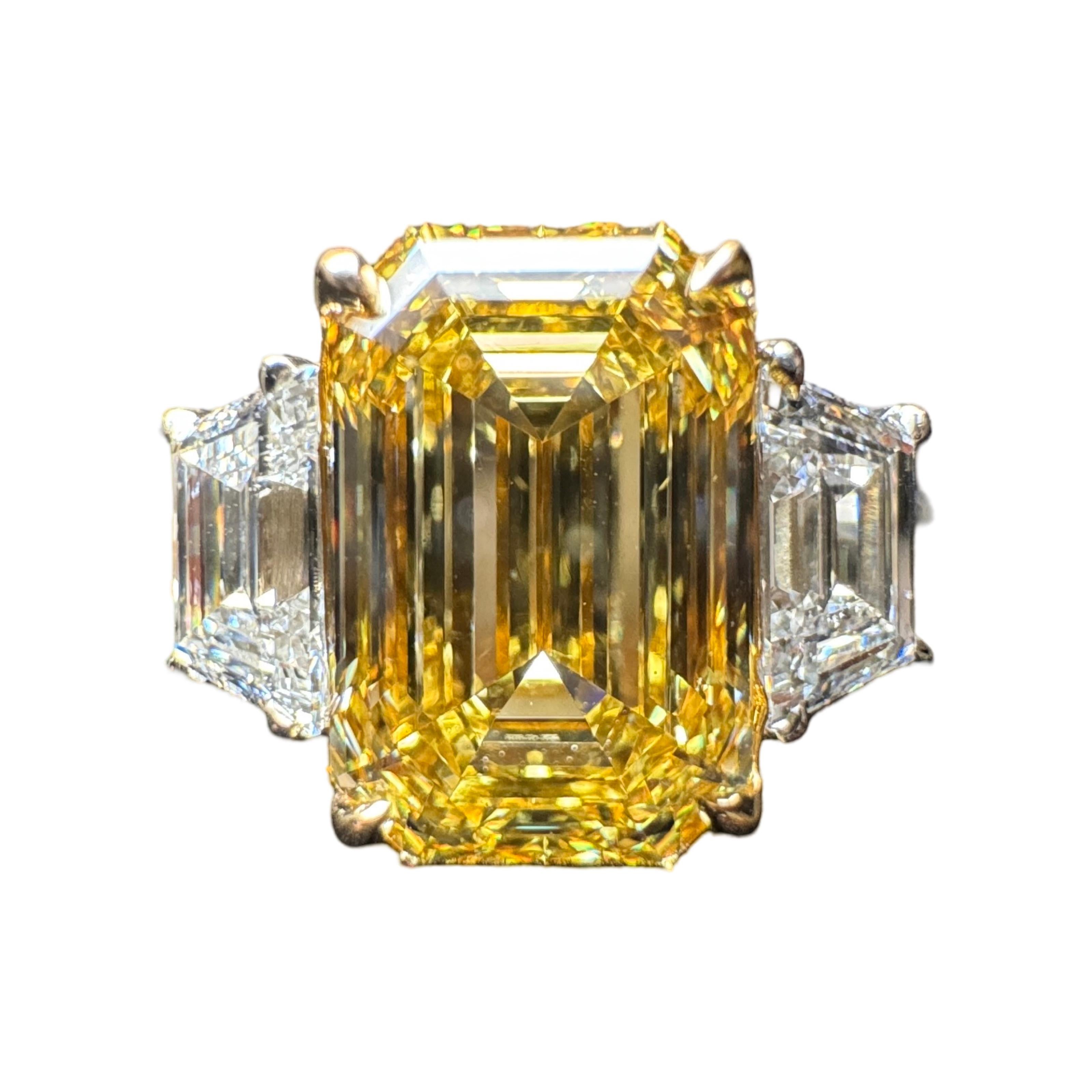 Women's GIA Certified 3.00 Carat Emerald Cut Fancy Intense Yellow Diamond 3 Three Ring
