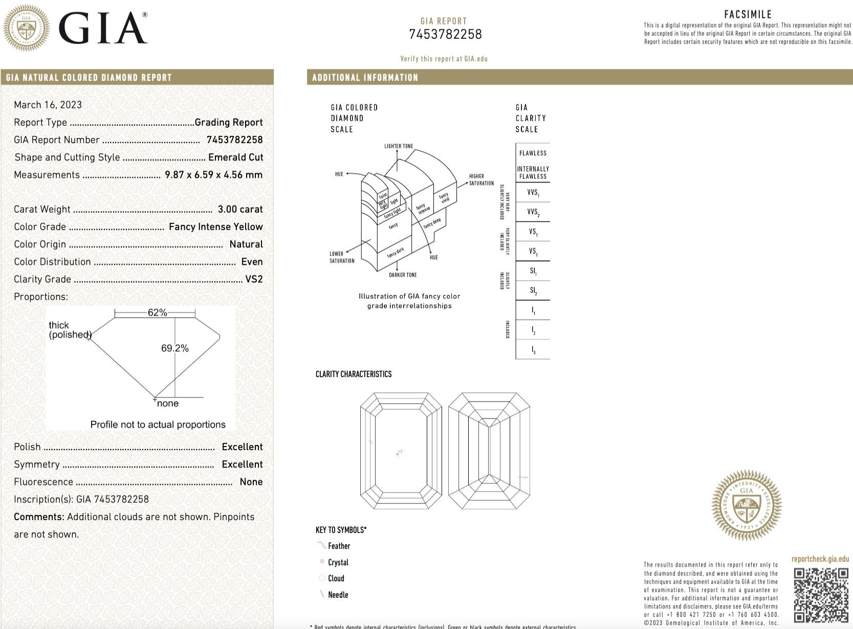 GIA Certified 3.00 Carat Emerald Cut Fancy Intense Yellow Diamond 3 Three Ring 1
