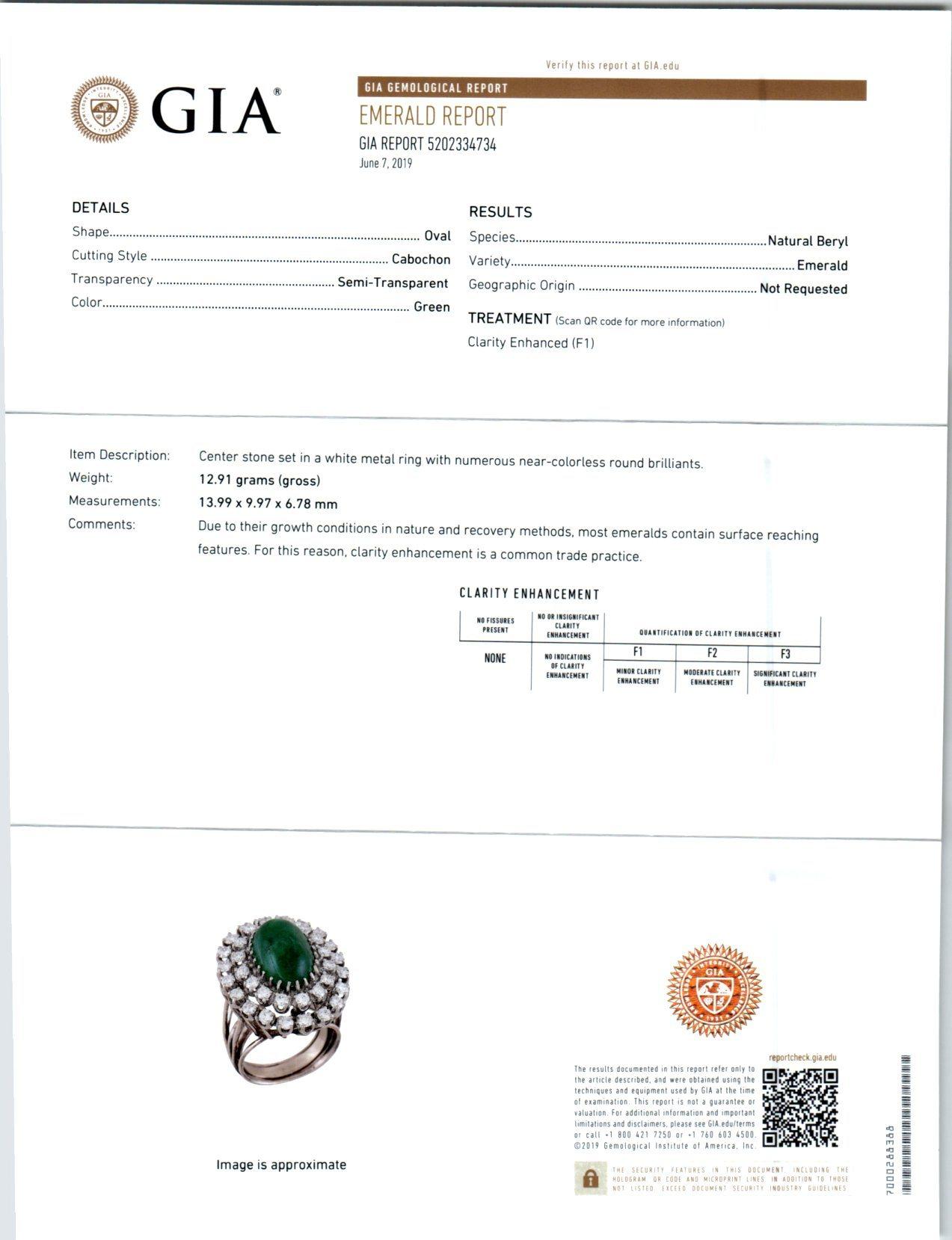 GIA Certified 3.00 Carat Emerald Diamond White Gold Midcentury Cocktail Ring For Sale 1