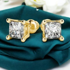 GIA Certified 3.00 Carat F/VVS1 Princess Diamonds Stud Earrings 18K Yellow Gold