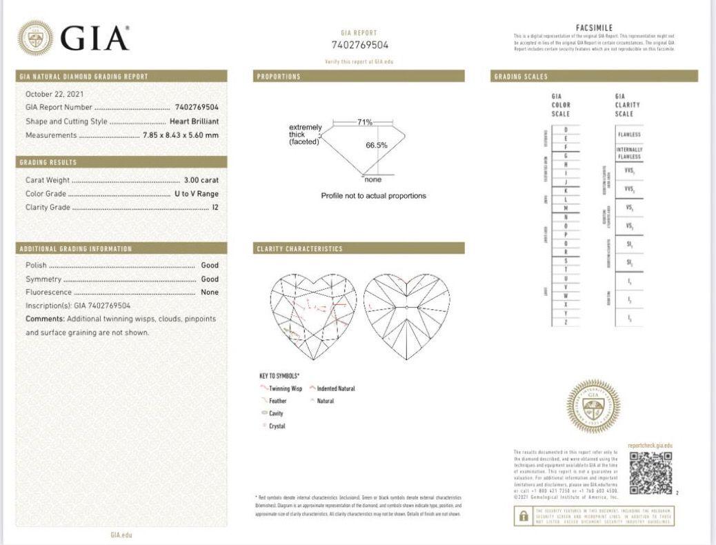 Women's or Men's GIA Certified 3.00 Carat Heart shape Diamond Ring I2 Clarity  For Sale