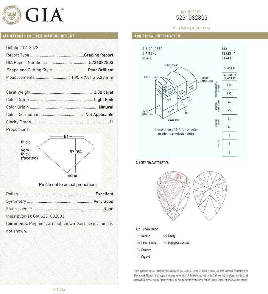 GIA Certified 3.00 Carat Light Pink I1 Clarity Diamond 1