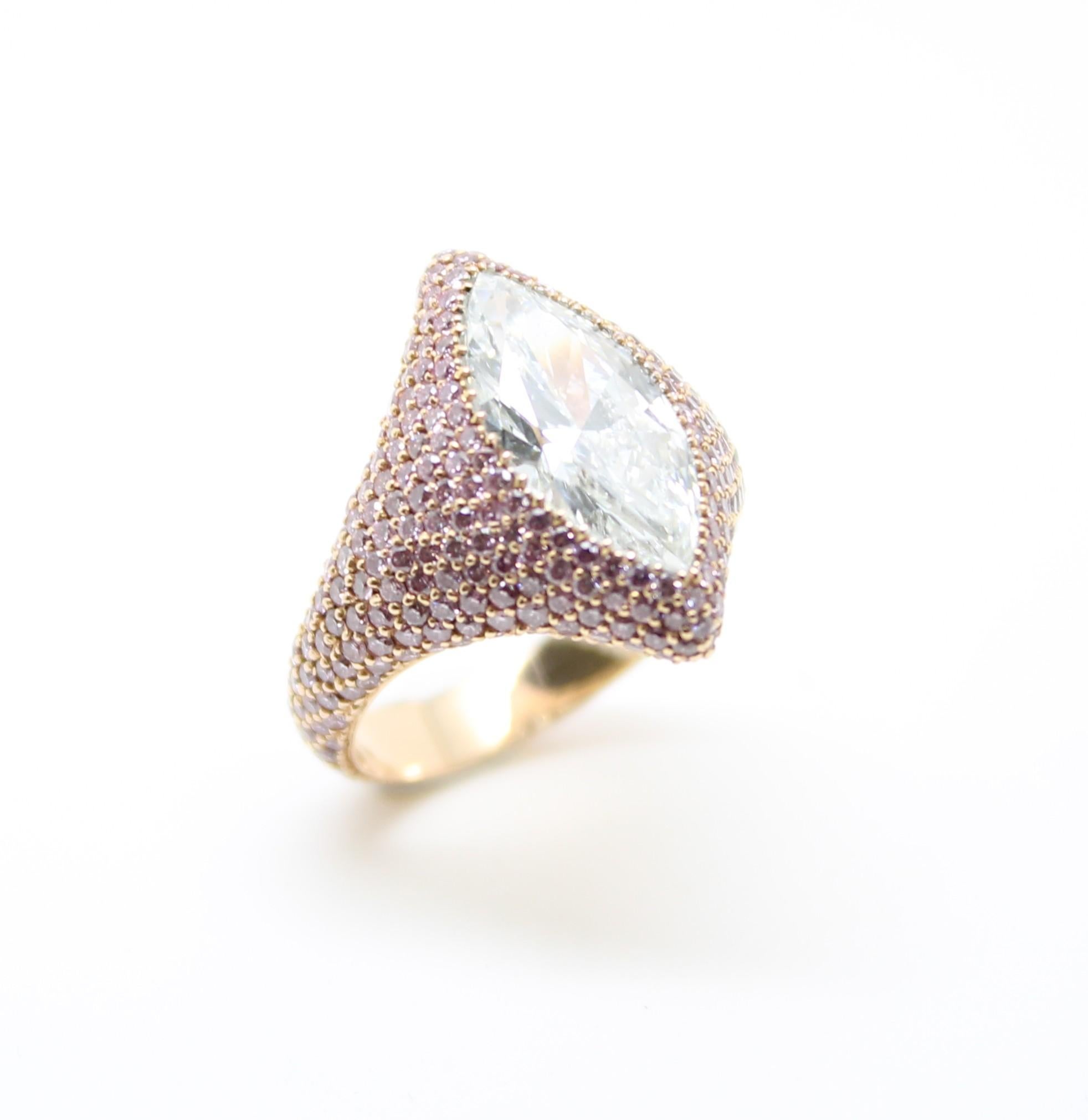 Contemporary GIA Certified 3.00 Carat Marquise Diamond and Pink Argyle Diamond Cocktail Ring