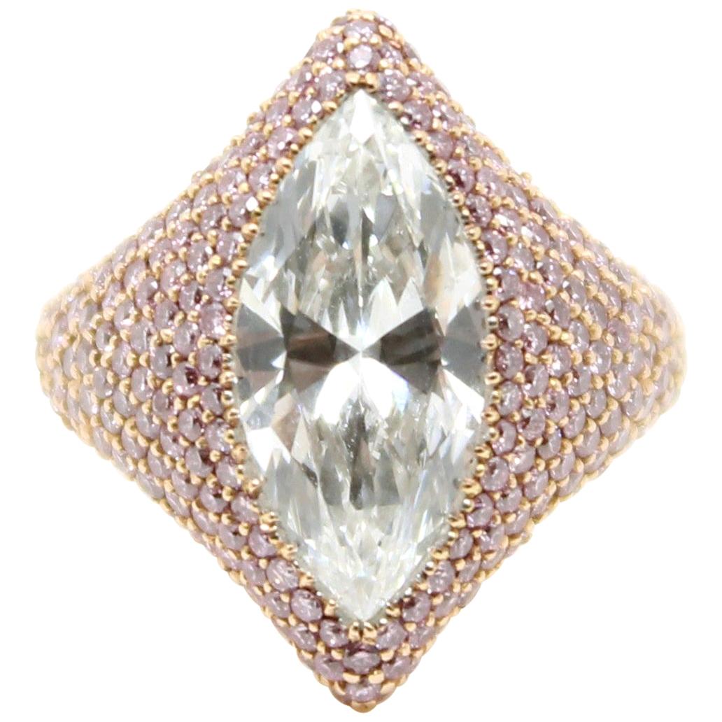 GIA Certified 3.00 Carat Marquise Diamond and Pink Argyle Diamond Cocktail Ring