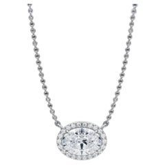 GIA Certified 3.00 Carats F/VS1 Oval Diamonds East-West Halo Necklace 18K Gold