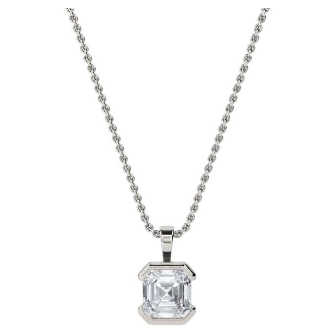 GIA Certified 3.00 Ct F/VS1 Square Emerald Diamond Half Bezel Necklace 18K Gold For Sale
