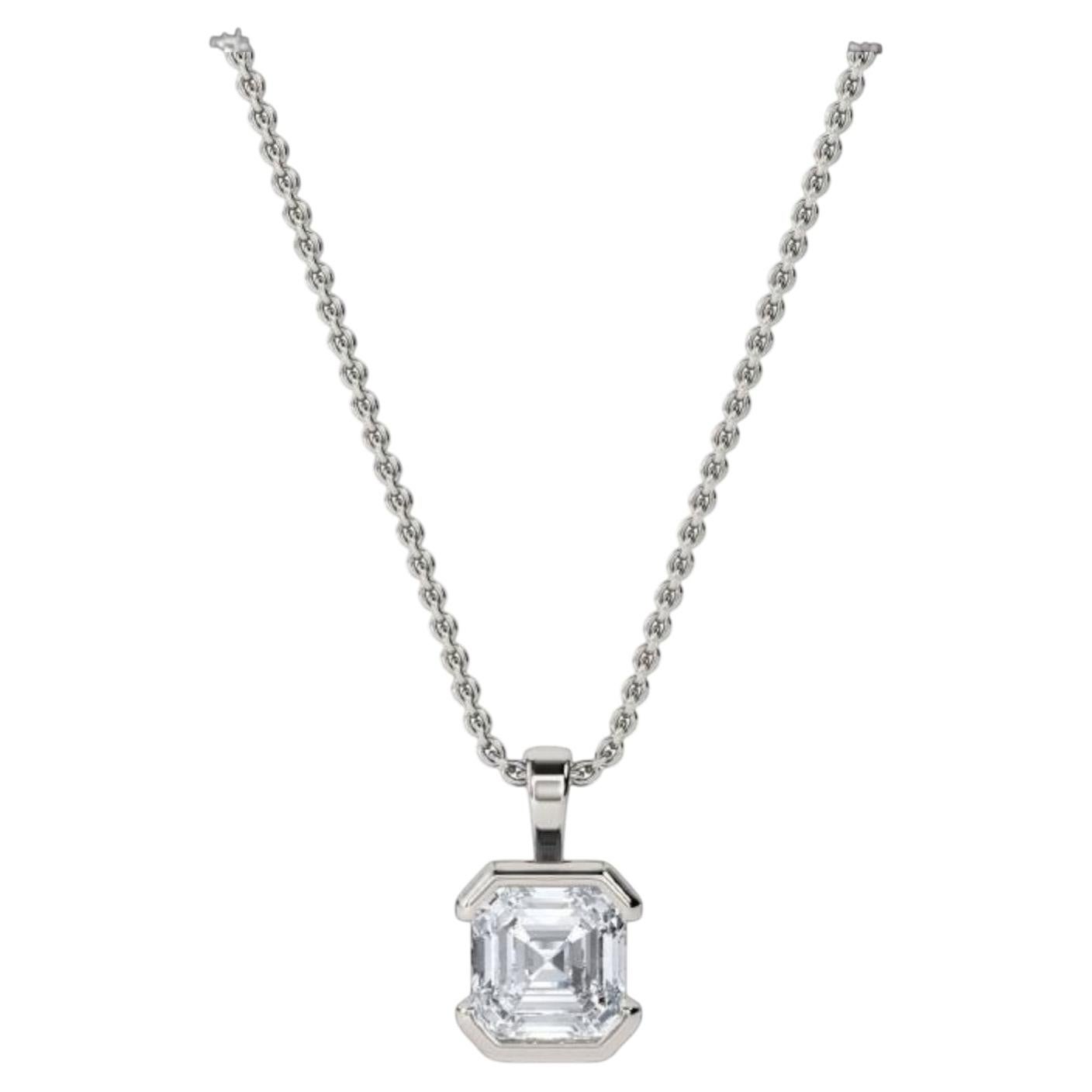 GIA Certified 3.00 Ct F/VS1 Square Emerald Diamond Half Bezel Necklace 18K Gold For Sale