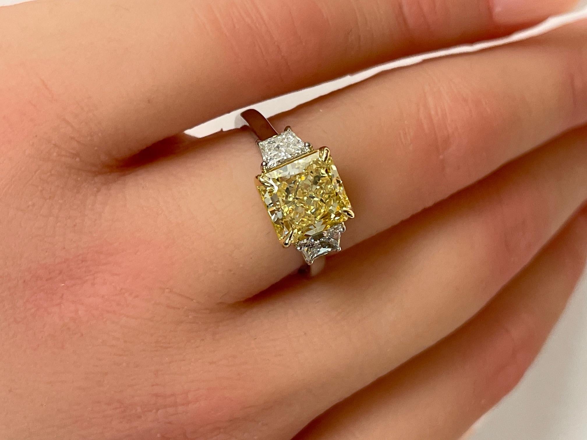 GIA Certified 3.00 Ct. Fancy Intense Yellow Radiant Cut Diamond Ring For Sale 2