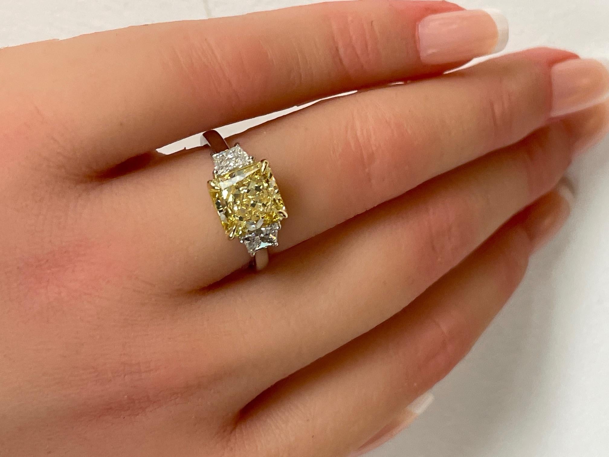GIA Certified 3.00 Ct. Fancy Intense Yellow Radiant Cut Diamond Ring For Sale 3
