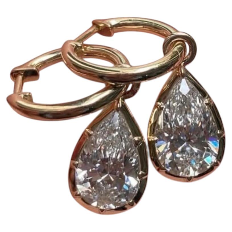GIA Certified 3.00 Cts F VVS1 Pear Diamonds Bezel Drop Earrings 18K Yellow Gold For Sale