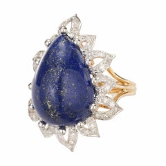 GIA Certified 30.00 Carat Lapis Lazuli Diamond Halo Yellow Gold Cocktail Ring