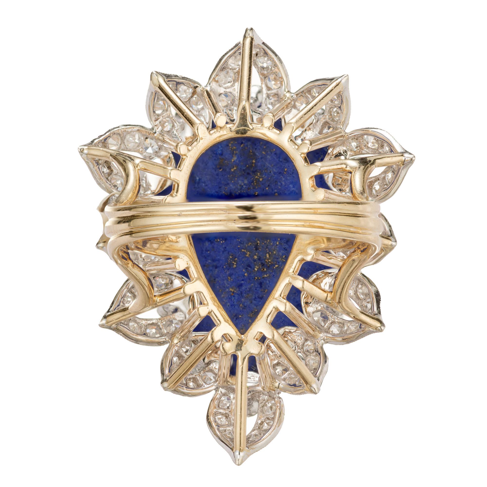Pear Cut GIA Certified 30.00 Carat Lapis Lazuli Diamond Halo Yellow Gold Cocktail Ring For Sale