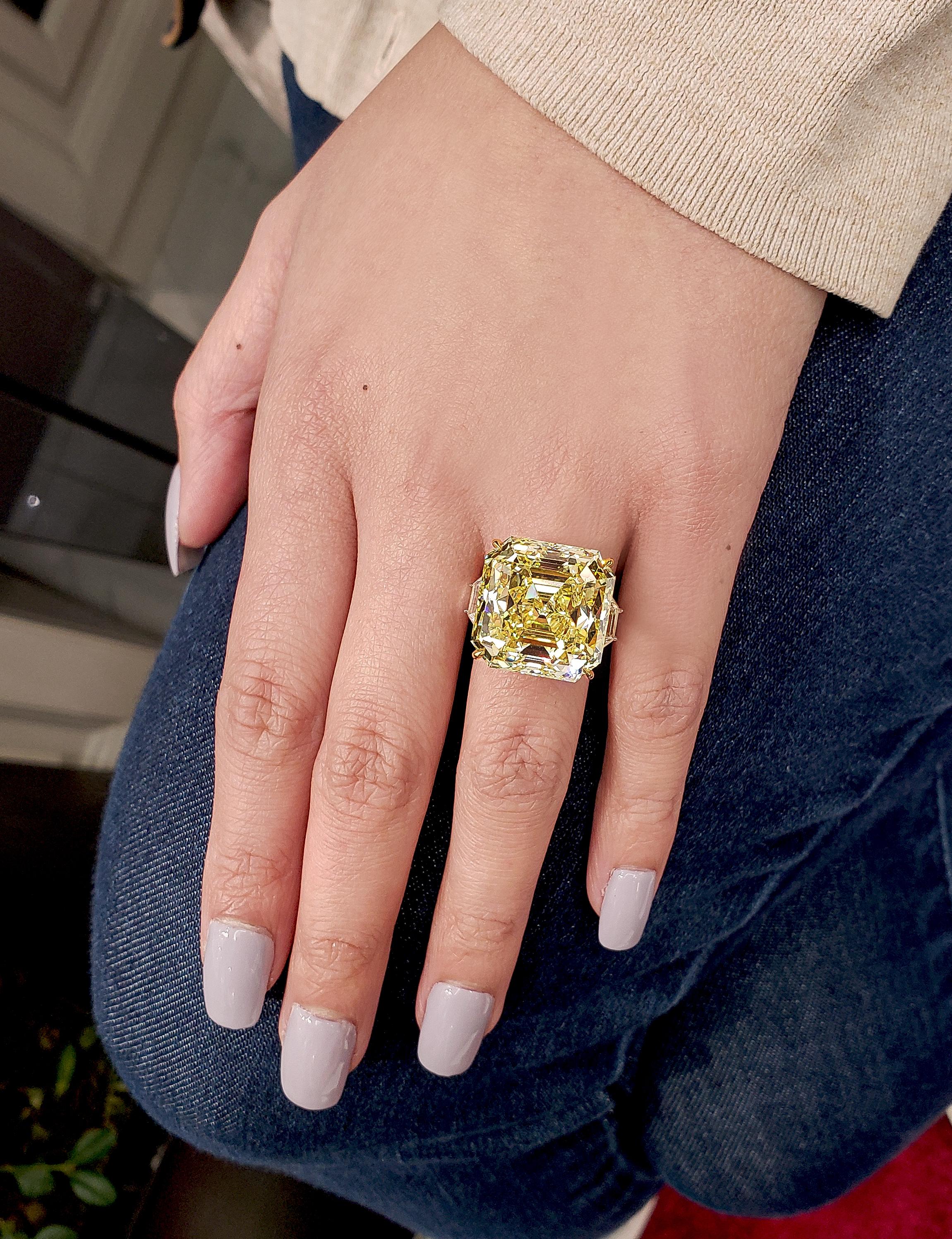 Modern GIA Certified 30.02 Carat Fancy Intense Yellow Diamond Three-Stone Ring