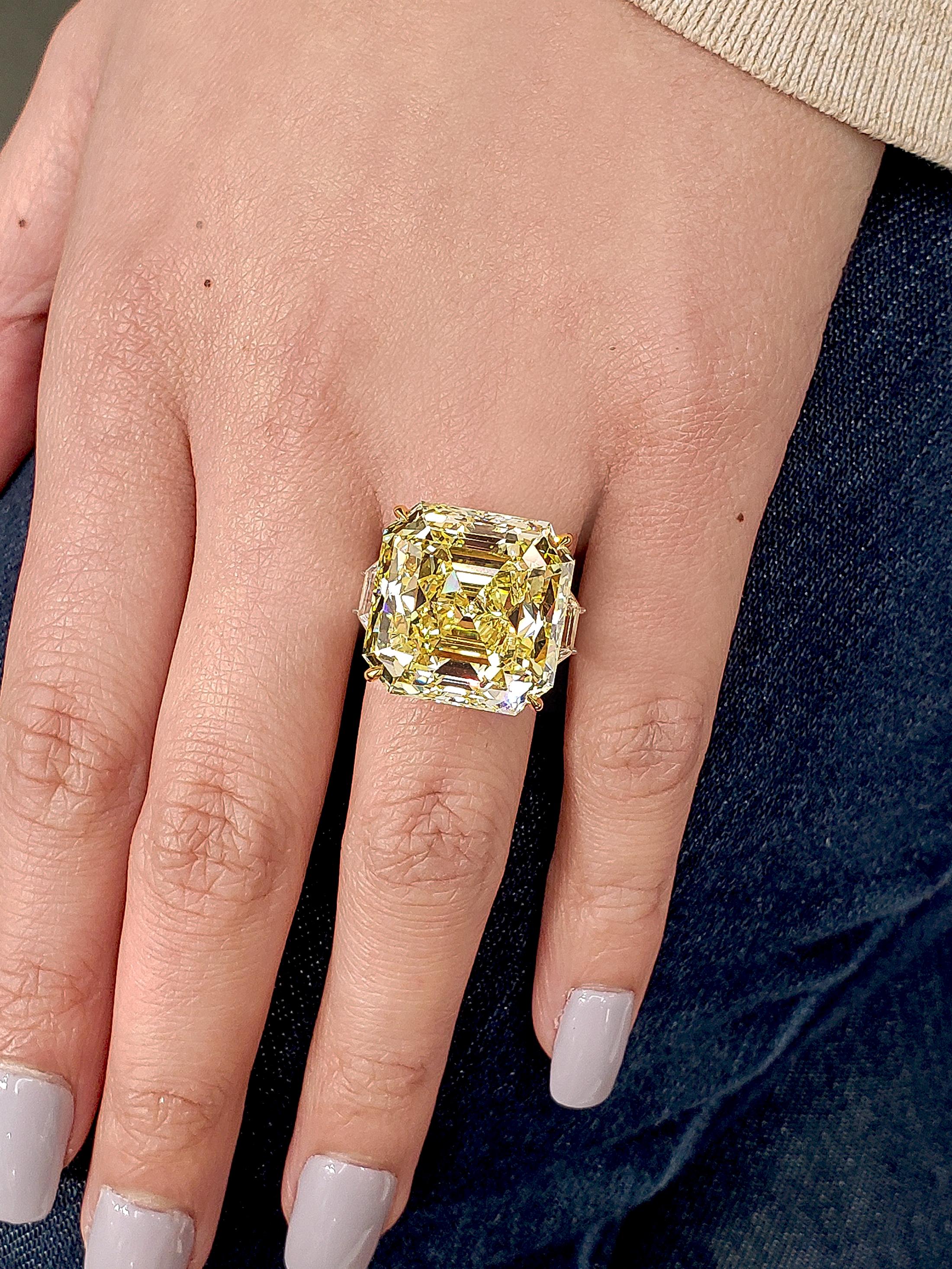 Asscher Cut GIA Certified 30.02 Carat Fancy Intense Yellow Diamond Three-Stone Ring