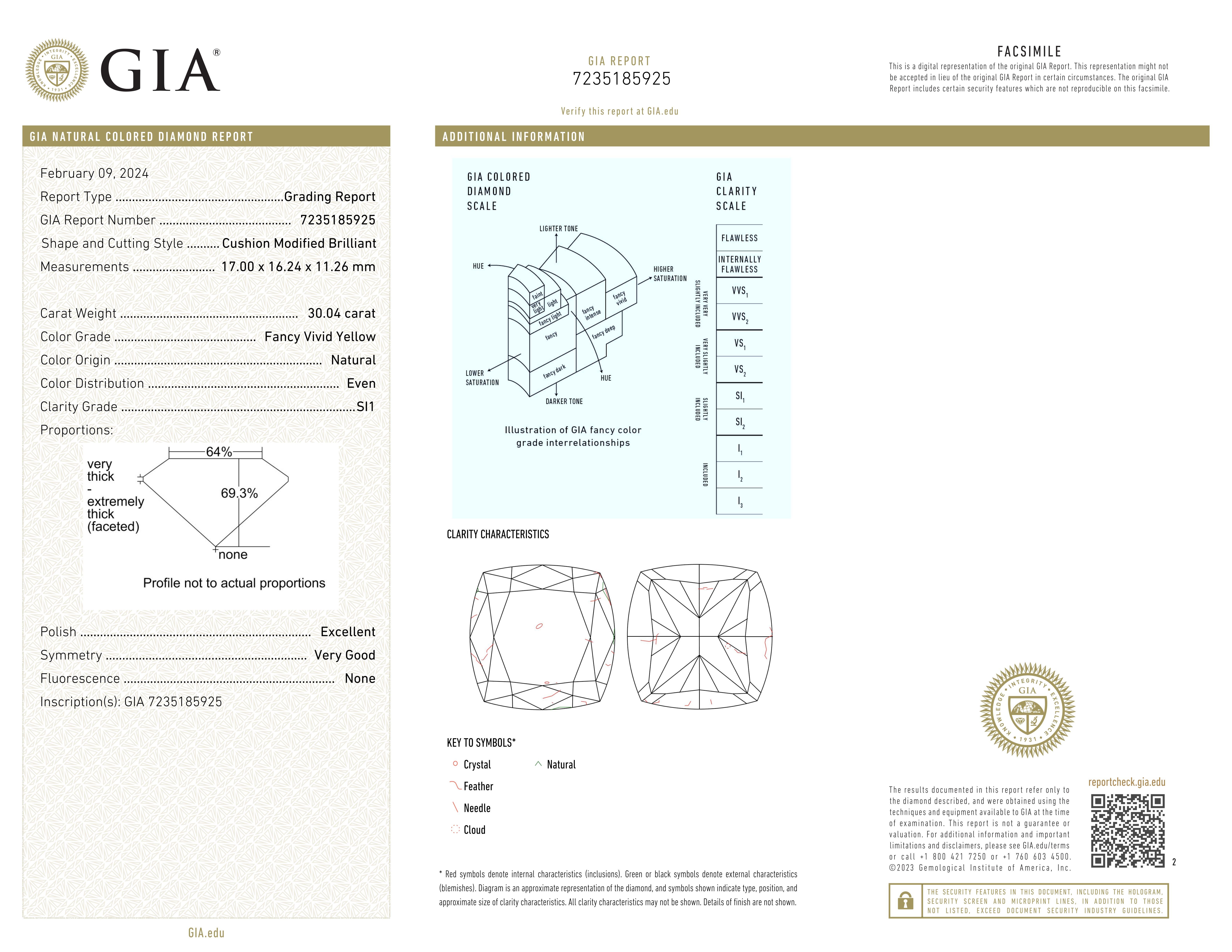 GIA Certified 30.04 Carat Fancy Vivid Yellow Cushion Diamond Ring For Sale 1