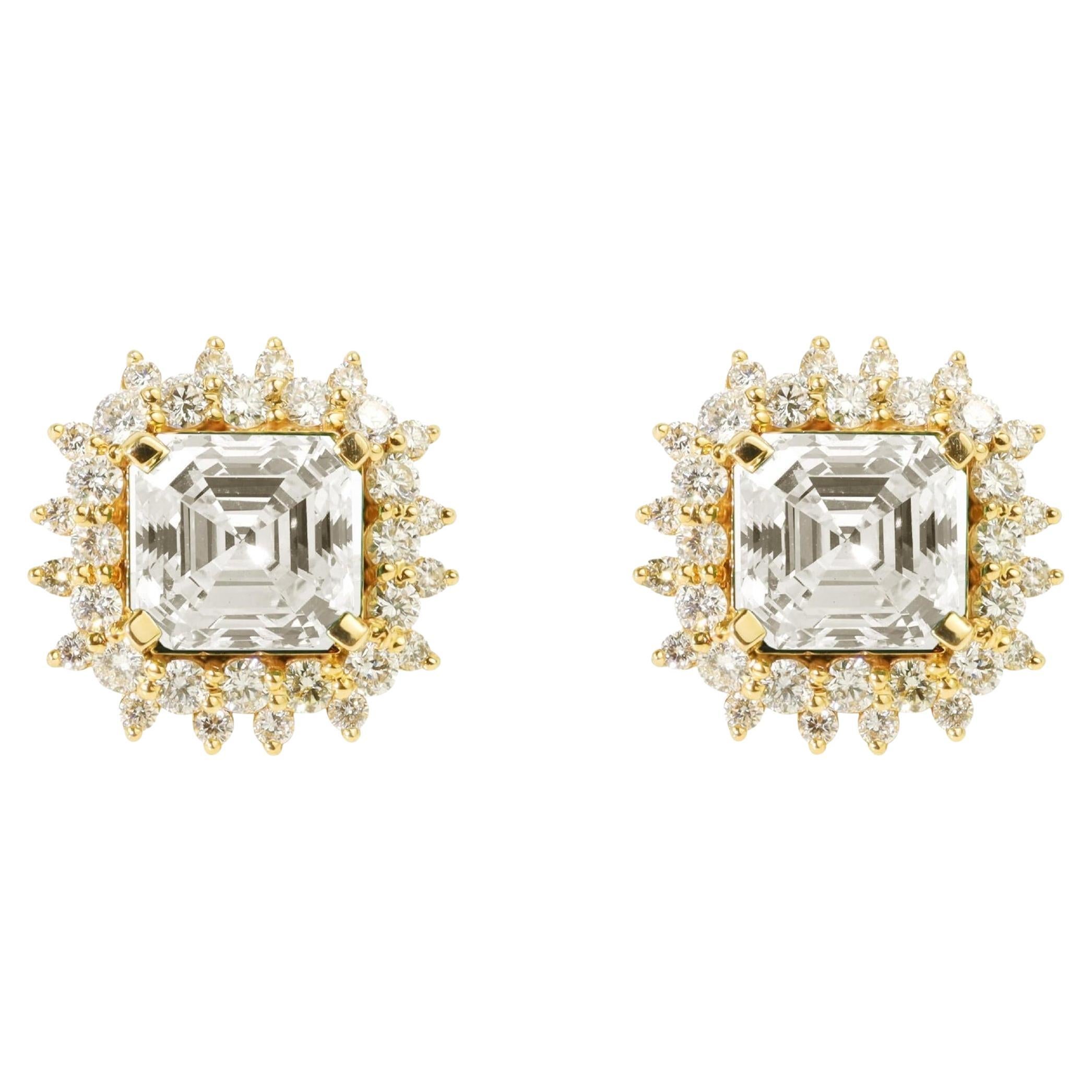 GIA Certified 3.00ct Asscher‑Cut Diamond Halo Stud Earrings in 18K Yellow Gold