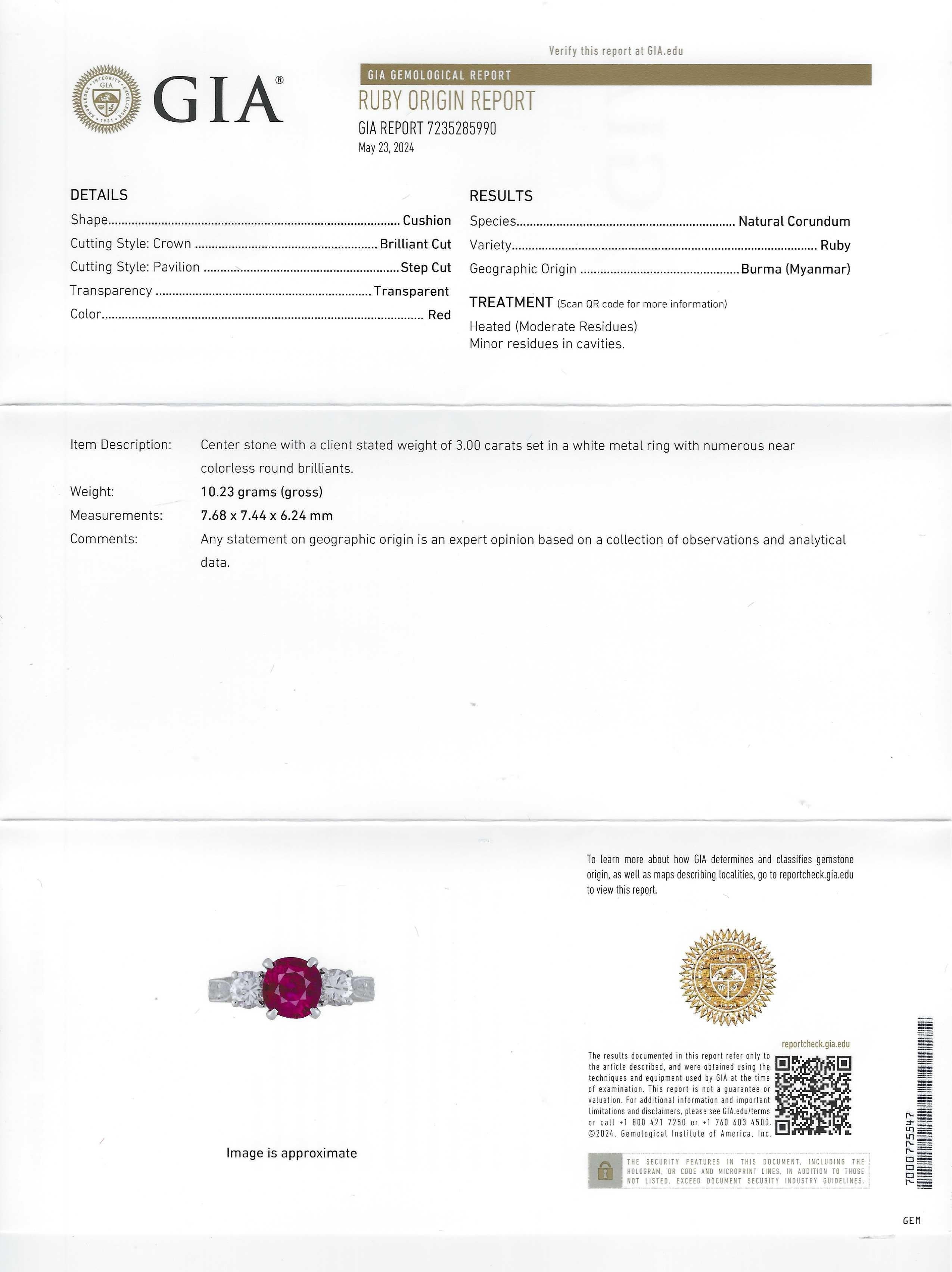 Anillo de 3 piedras de platino estilo antiguo con rubí de Birmania y diamantes, certificado por GIA de 3,00 qt en venta 9