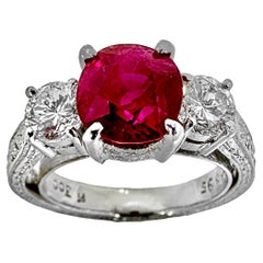 GIA-zertifizierter Platinring mit 3 Steinen, 3,00CT Burma-Rubin & Diamant im antiken Stil