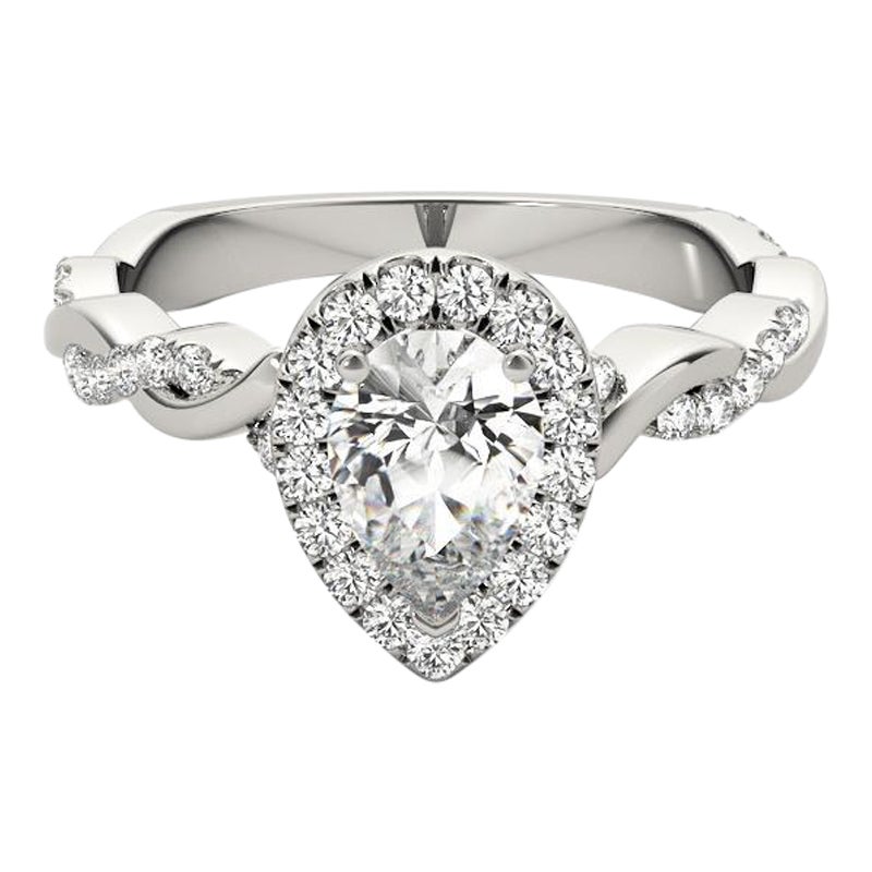 Bague en or blanc certifié GIA de 3,01 carats avec anneau tressé et halo de poire