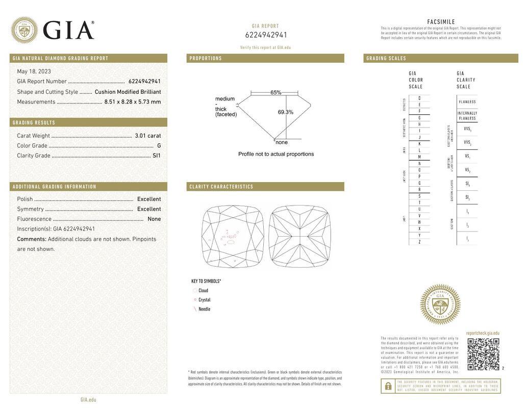 Contemporain GIA Certified 3.01 Carat Cushion Prong Set Solitaire Platinum Diamond Ring