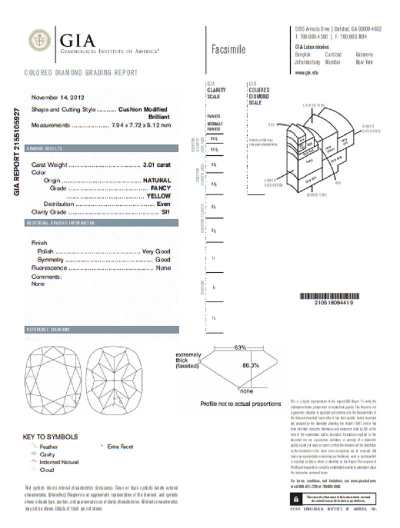 Cushion Cut GIA Certified 3.01 Carat Cushion Yellow Diamond For Sale