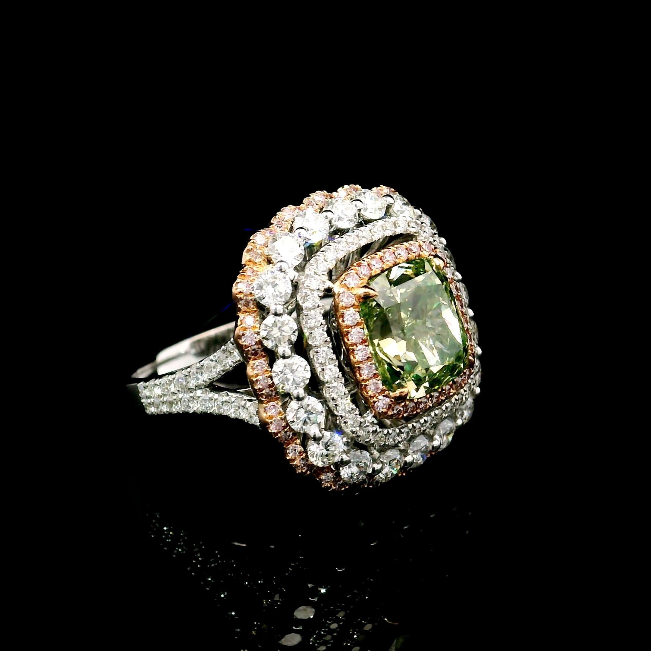Cushion Cut GIA Certified 3.01 Carat Fancy Brownish Greenish Yellow SI2 Clarity Diamond Ring For Sale