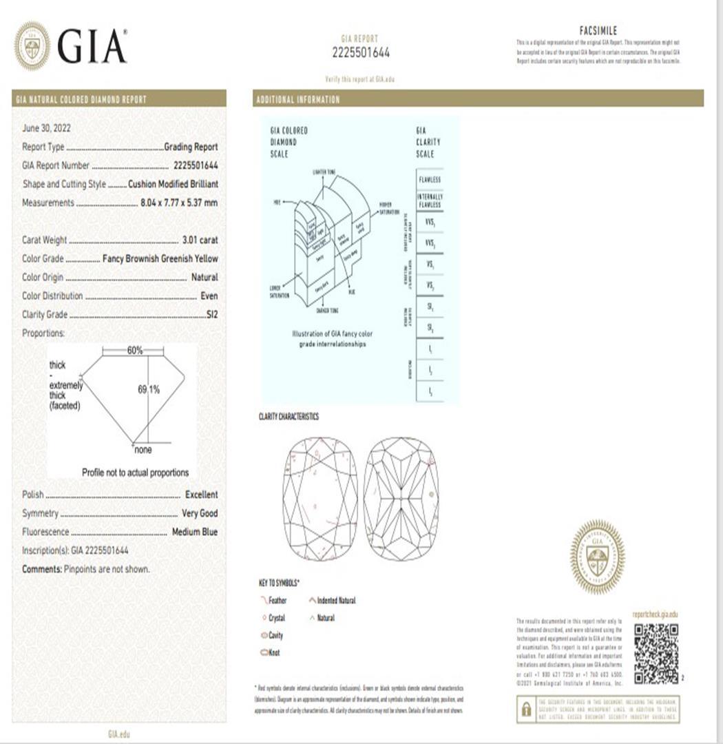 GIA Certified 3.01 Carat Fancy Brownish Greenish Yellow SI2 Clarity Diamond Ring For Sale 3