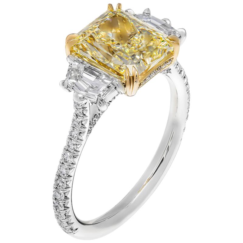 GIA Certified 3.01 Carat Fancy Light Yellow Radiant Cut Three-Stone Ring