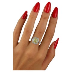 GIA Certified 3.01 Carat Fancy Yellow Cushion Cut Diamond Double Halo Ring