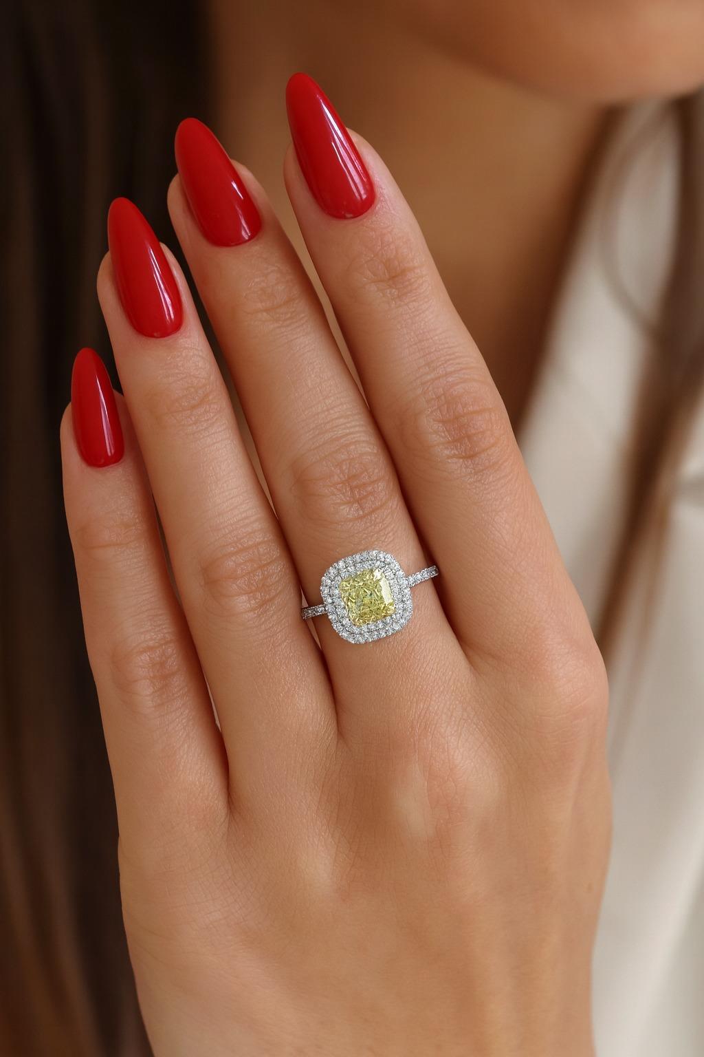 Moderne Bague à double halo certifiée GIA de 3,01 carats de diamant jaune fantaisie taillé en coussin en vente
