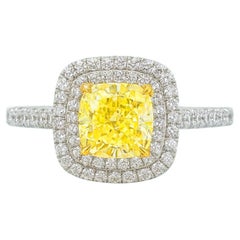 Bague à double halo certifiée GIA de 3,01 carats de diamant jaune fantaisie taillé en coussin