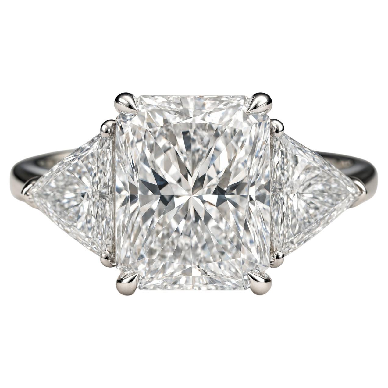 Anello con diamante a taglio radiante certificato GIA da 3,01 carati H/VS1 con pietra laterale Trillion