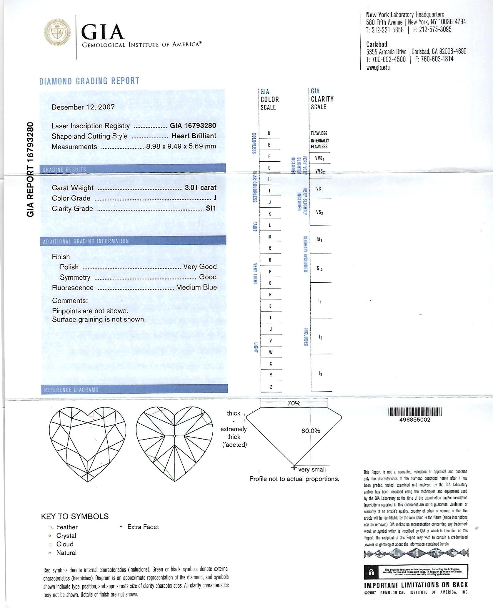 GIA Certified 3.01 Carat Heart Cut Diamond Engagement Ring in Platinum For Sale 3