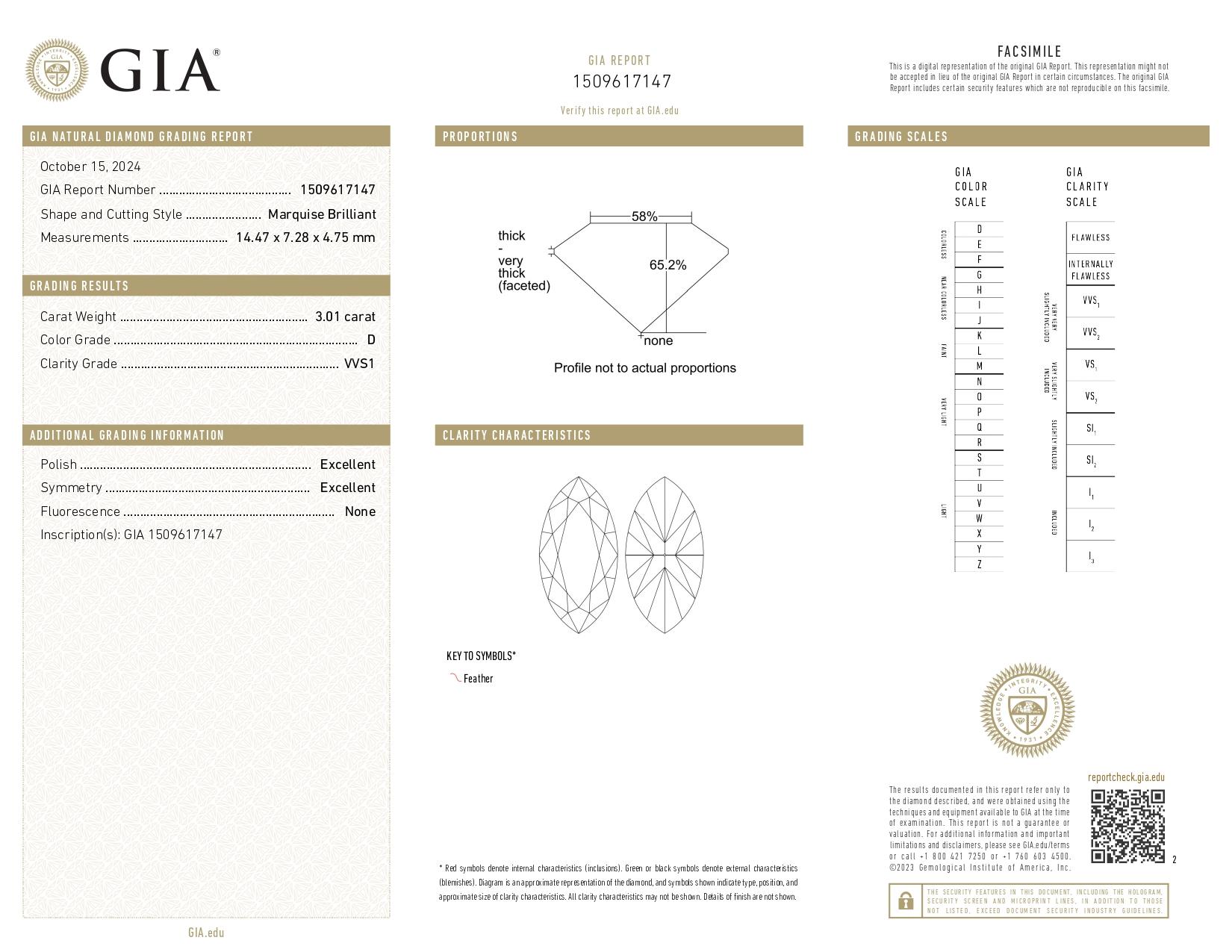 GIA Certified 3.01 Carat Marquise Cut Diamond D Color VVS1 Clarity in Platinum In New Condition For Sale In Chicago, IL